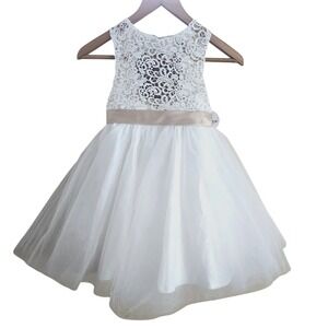 Miama Lace Tulle Flower Girl Dress Kid Size 7 White Champagne Bow Wedding Formal